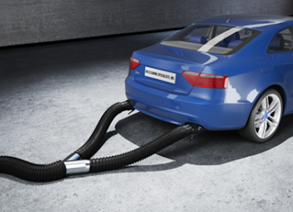 A garage exhaust removal system hooked up to a passenger vehicle.