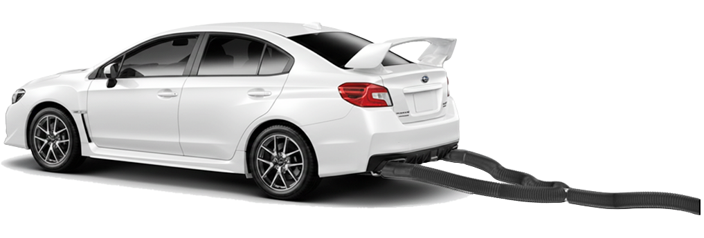Crushproof-Hose garage exhaust removal system shown on passenger vehicle to remove garage exhaust.